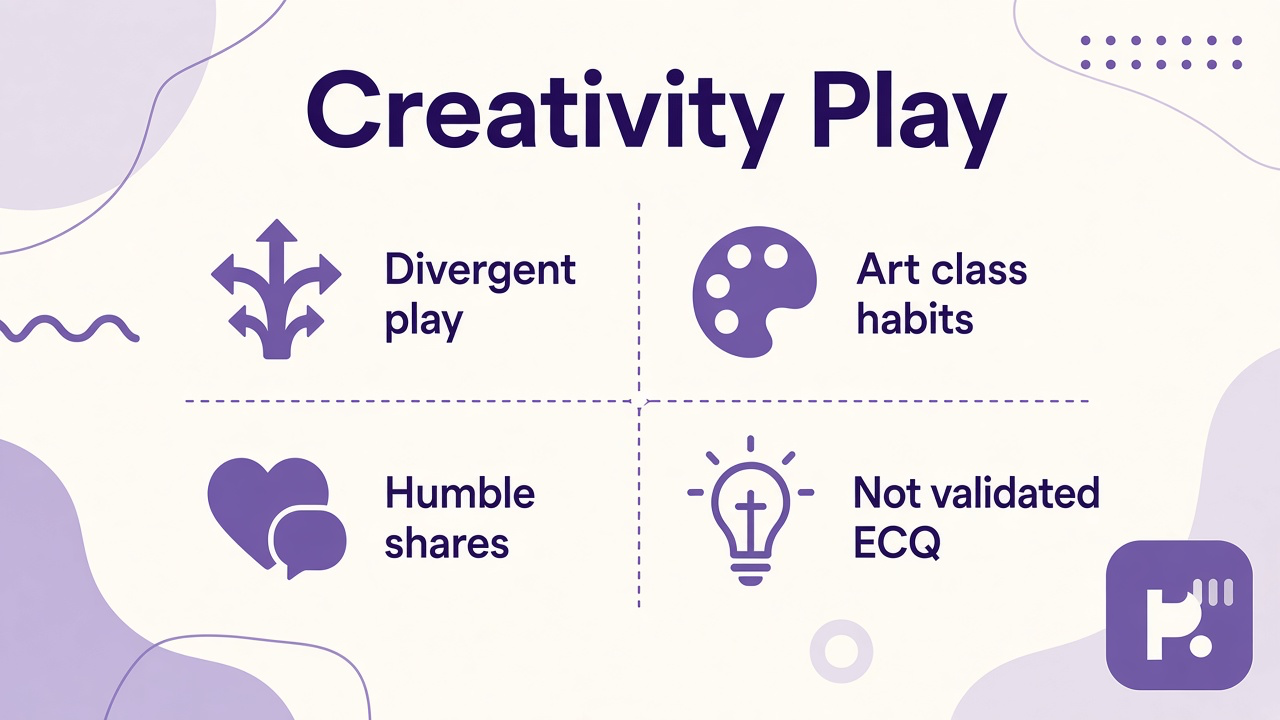 Creativity tips: divergent play, art class habits, humble shares, not validated ECQ