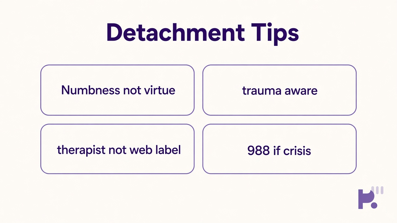 Emotional detachment tips: name numbness, distance not virtue, trauma-aware care, therapist not web label, 988 crisis