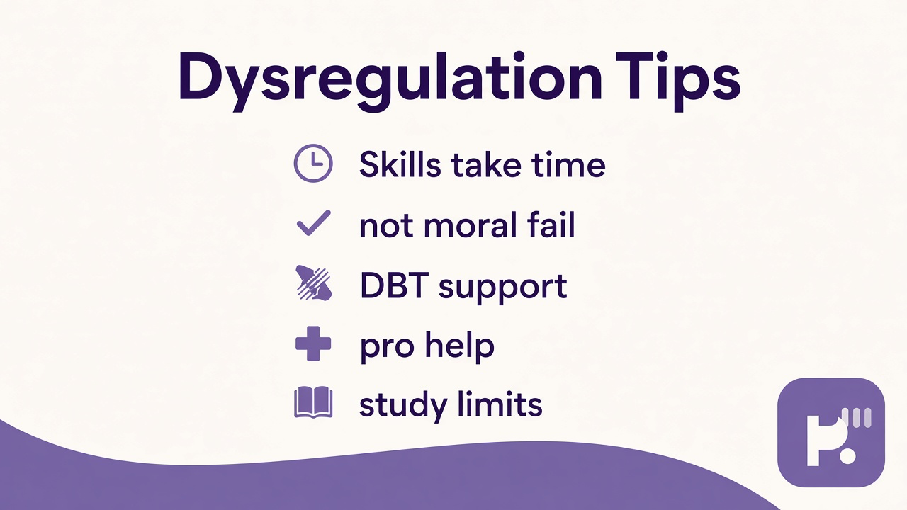 Dysregulation tips: strain not moral fail, skills take time, DBT is support, pro help, study limits, 988 crisis
