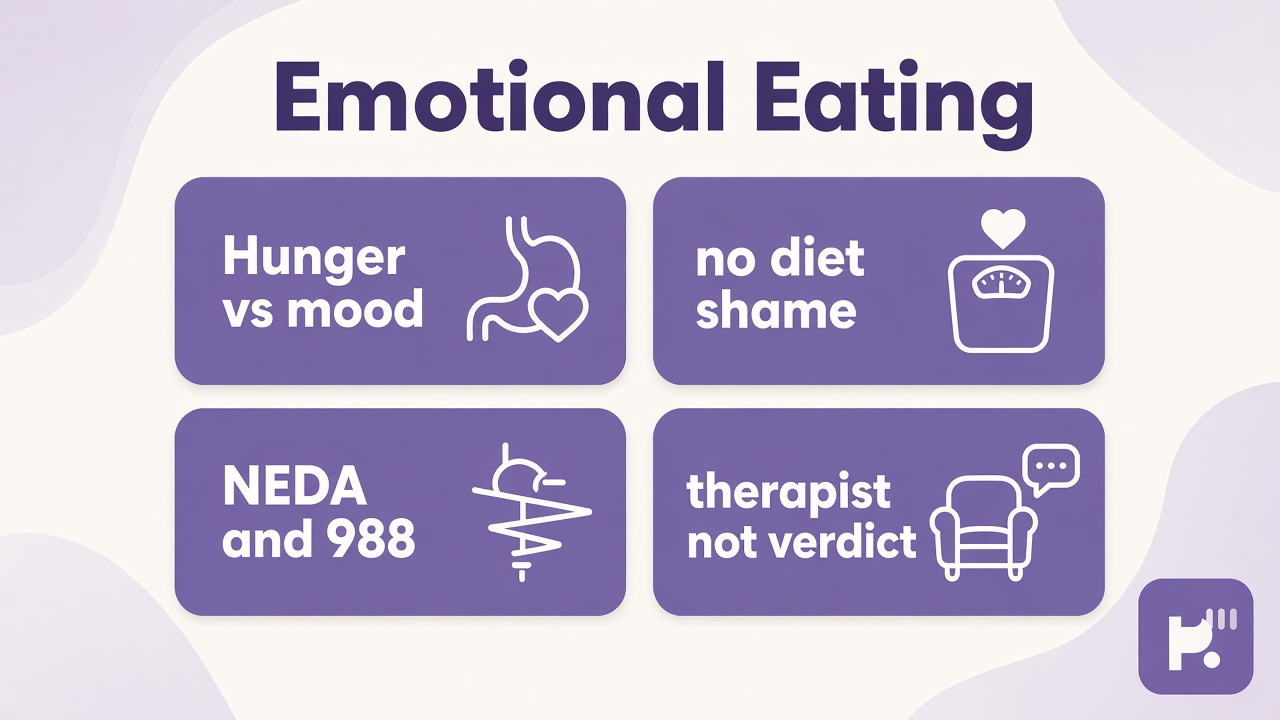 Emotional eating tips: hunger vs mood pause, no diet shame, NEDA and 988 support, therapist not web verdict