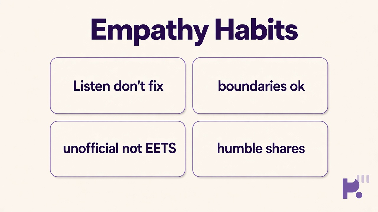 Empathy habits: feel with not for, listen not fix, boundaries ok, unofficial not validated EETS