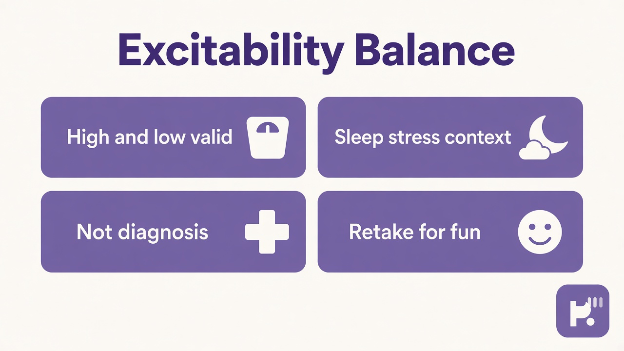 Excitability tips: vivid and steady both valid, sleep stress context, balance not verdict, reflection not disorder