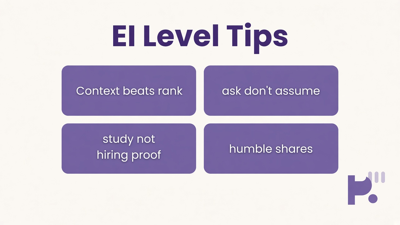 EI literacy tips: name feelings, ask don't assume, repair after heat, context beats rank not hiring proof