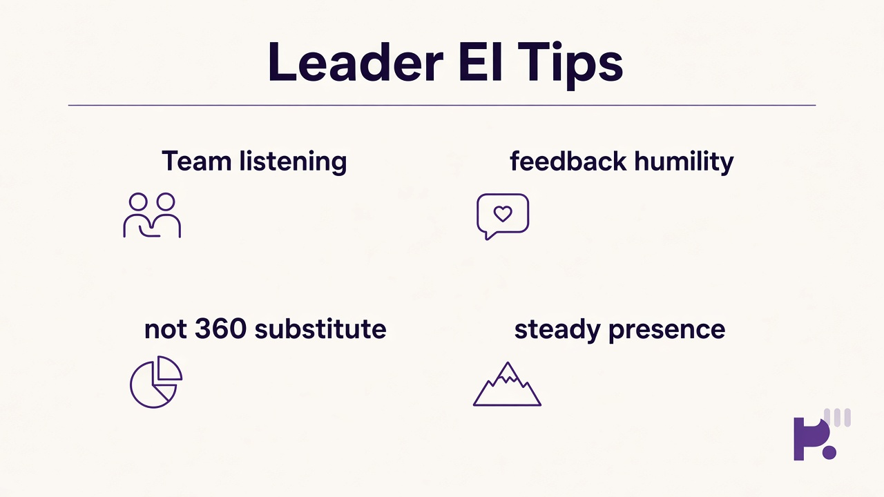 Leader EI tips: listen before steer, invite dissent, repair tone, credit team, not 360 substitute, humility beats rank