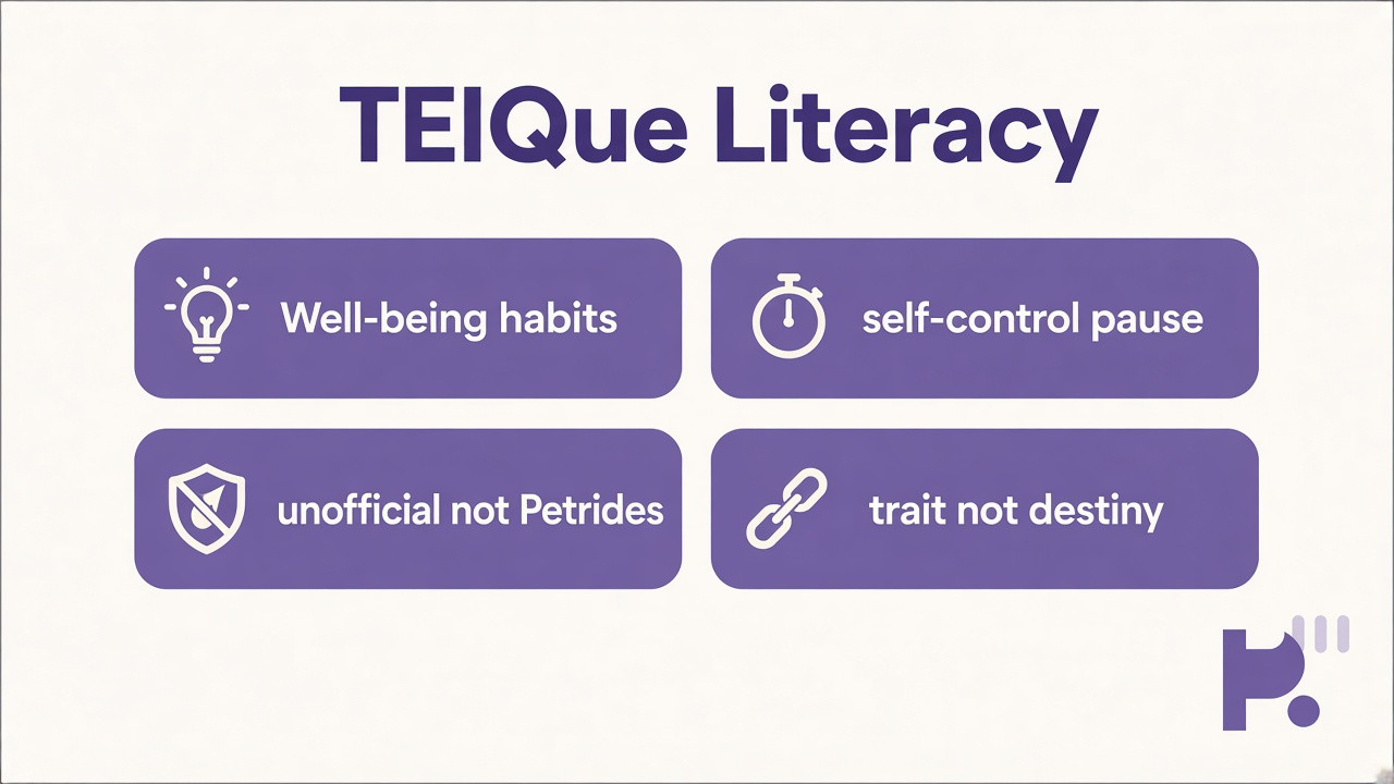 TEIQue literacy tips: well-being habits, self-control pause, sociability humility, unofficial not Petrides