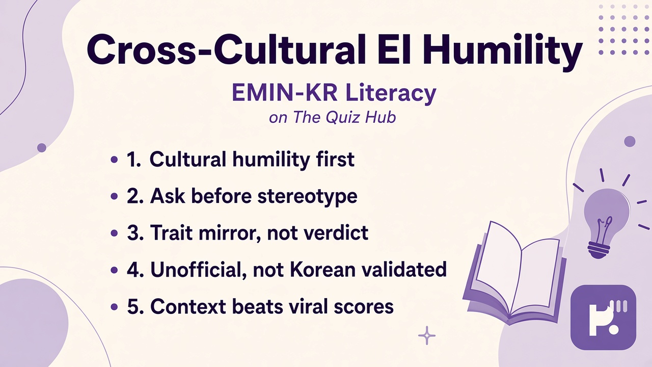 EMIN-KR tips: cultural humility, ask before stereotype, trait not verdict, unofficial not Korean validated tool
