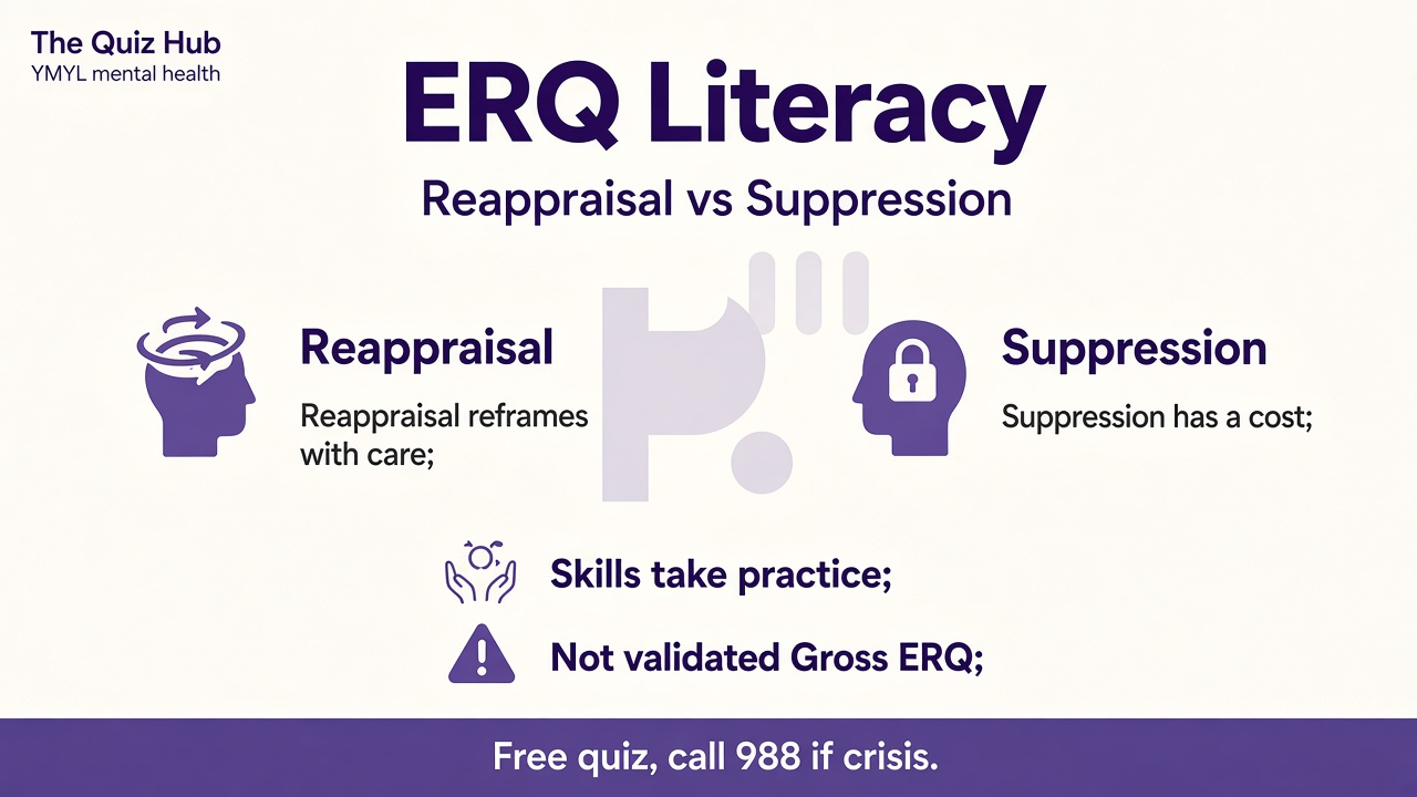 ERQ literacy tips: reappraisal vs suppression, skills take practice, context matters, not validated ERQ, 988 crisis