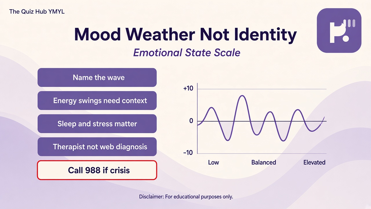 Emotional state tips: name mood weather, energy swings, context matters, therapist not web diagnosis, 988 crisis