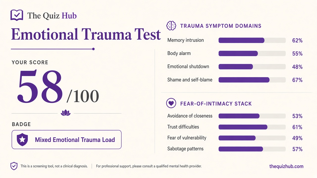 Emotional trauma test report with trauma load index 58, four domain bars, and intimacy stack on The Quiz Hub