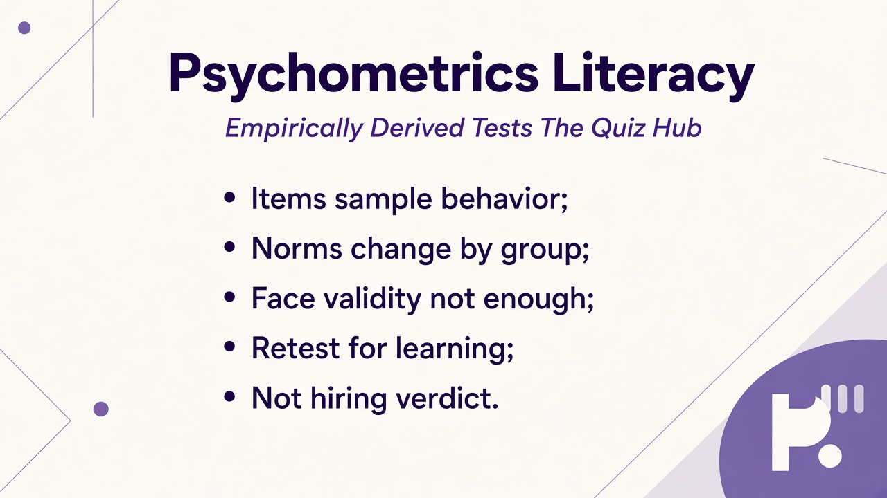 Psychometrics tips: items sample behavior, norms vary, face validity limits, retest to learn, not hiring proof