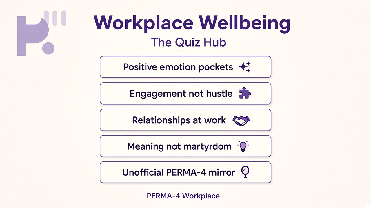PERMA-4 tips: mood pockets, engagement not hustle, work relationships, meaning not martyrdom, unofficial mirror