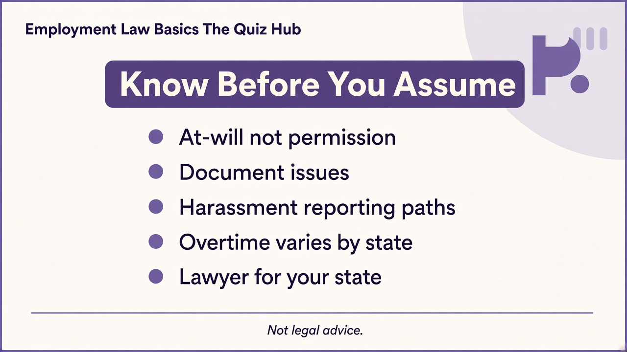 Employment law tips: at-will limits, document issues, report harassment, overtime varies, local lawyer