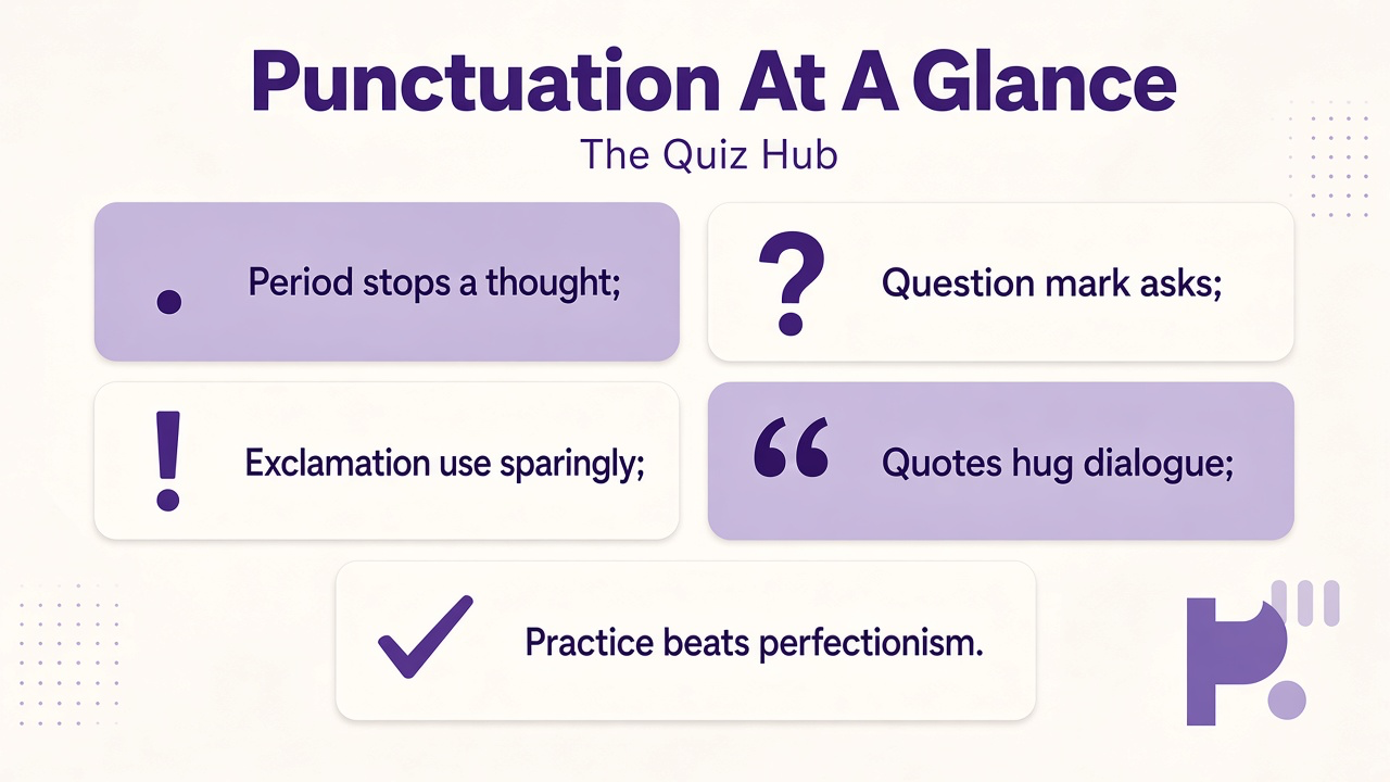 Punctuation tips: period stops thought, question asks, exclamation sparing, quote dialogue, practice not shame