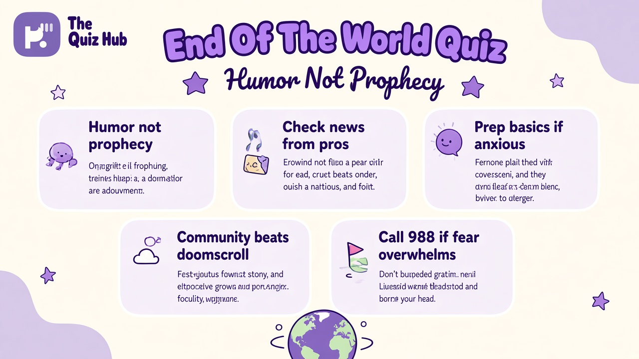 Apocalypse tips: humor not prophecy, pros for news, prep if anxious, community not doomscroll, 988 if fear