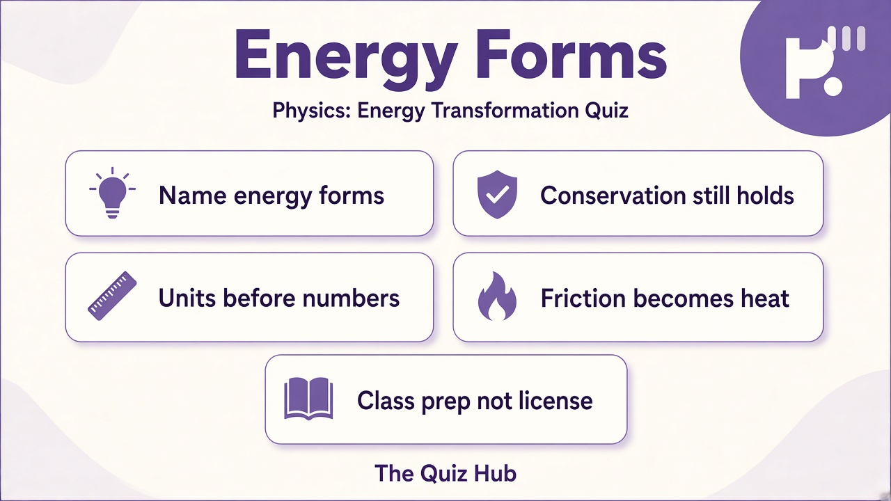 Energy tips: name forms, conservation holds, units first, friction heats, class prep not license