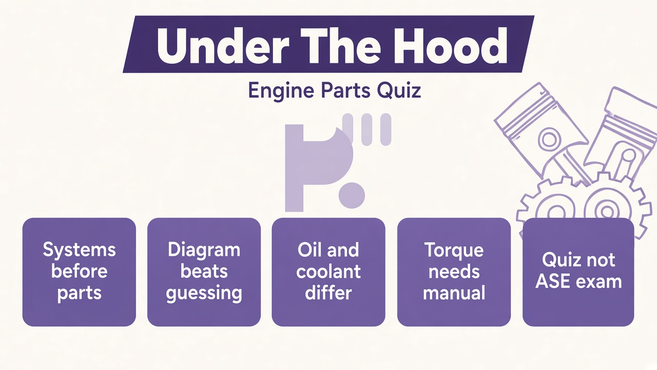 Engine parts tips: systems first, diagram beats guess, oil vs coolant, torque needs manual, quiz not ASE