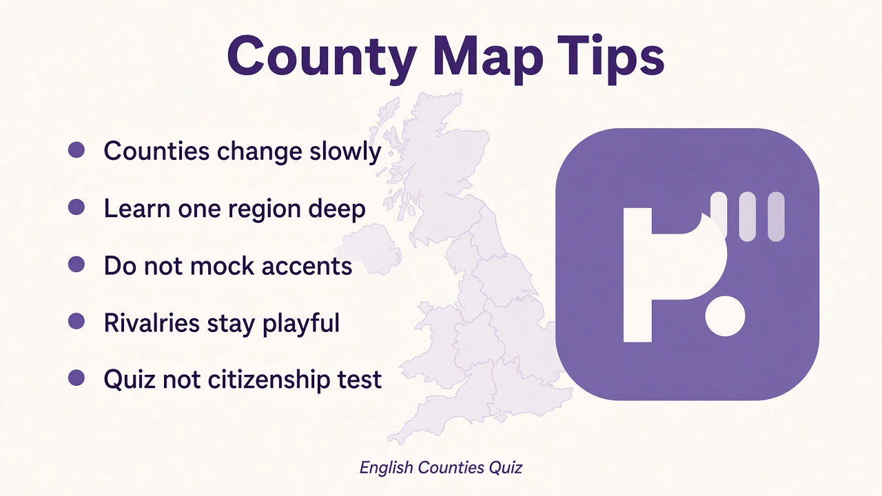 County tips: one region deep, respect accents, rivalries playful, heraldry fun, not citizenship test