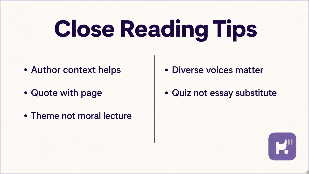 Lit tips: author context, quote with page, theme not lecture, diverse voices, not essay substitute