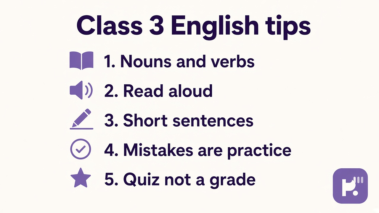 Class 3 English tips: letter sounds, rhyme pairs, a vs an, picture books, mistakes are practice, quiz not report card