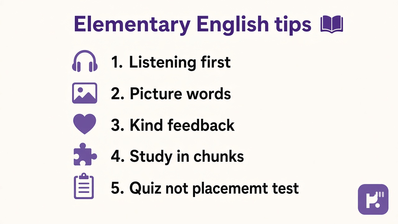 Elementary English tips: read daily, use context clues, revise drafts, spelling patterns, quiz not report card