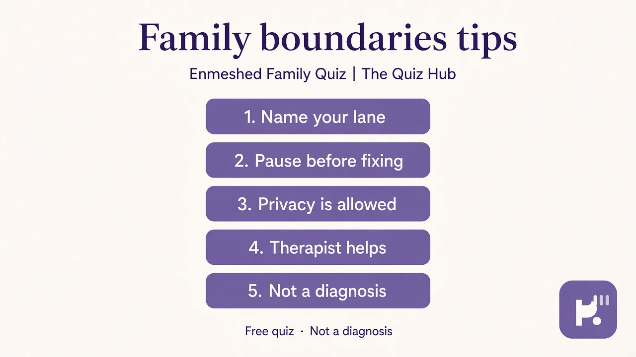 Enmeshment screener tips: name your lane, pause before fixing, privacy allowed, therapist helps, not diagnosis 988