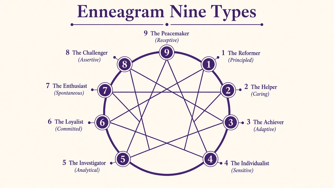 Enneagram nine-point type circle diagram with all nine numbers on the circle