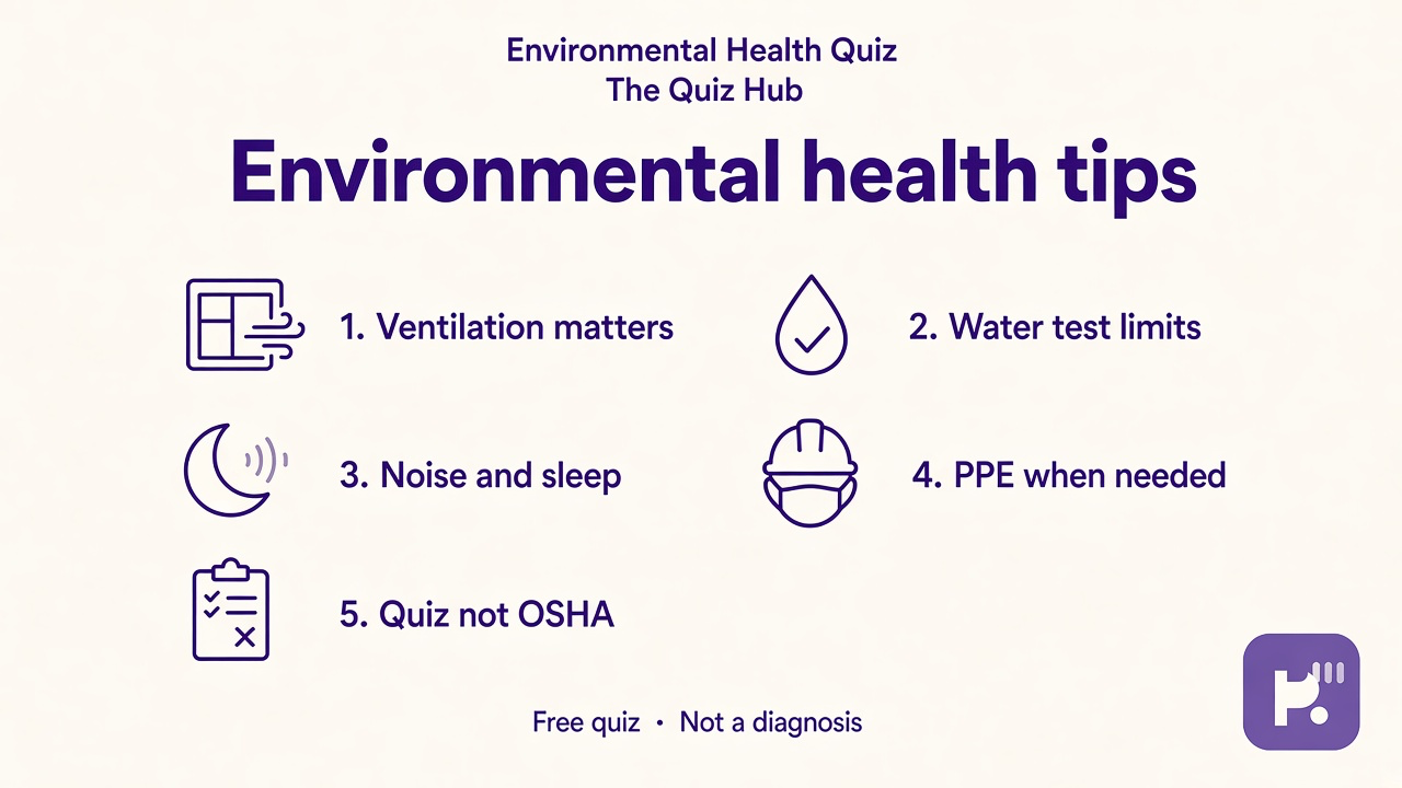 Environmental health tips: ventilation matters, water test limits, noise and sleep, PPE when needed, quiz not OSHA