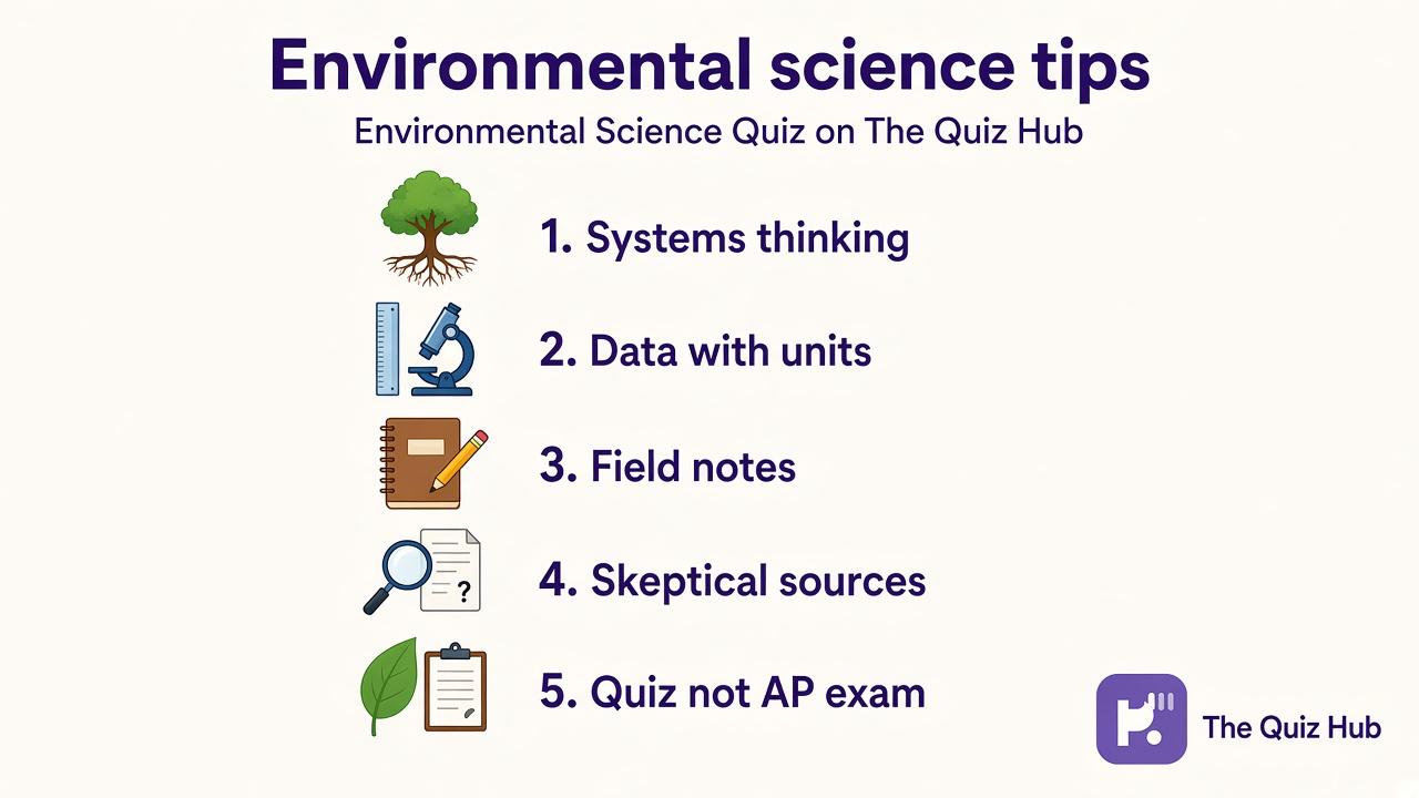 Environmental science tips: systems thinking, data with units, field notes, skeptical sources, quiz not AP exam