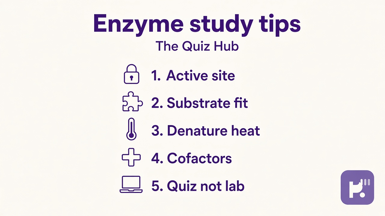 Enzyme quiz tips: active site fit, pH and heat, inhibitors, cofactors, quiz not lab certification