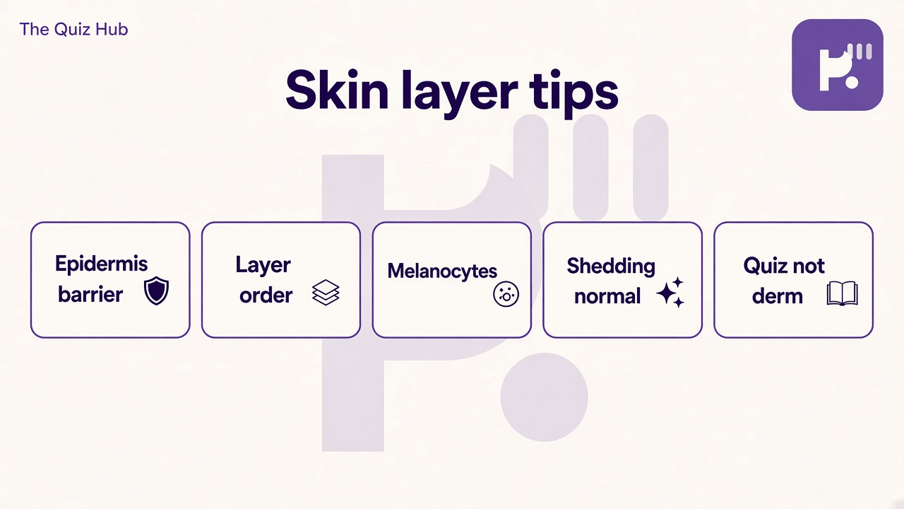 Epidermis layers tips: stratum order, barrier lipids, melanocytes, shedding normal, quiz not dermatology