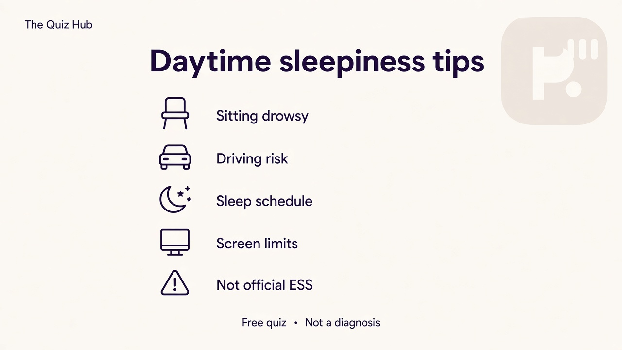 Sleepiness tips: daytime drowsy cues, driving risk, sleep schedule, screen limits, not official ESS-1998 form