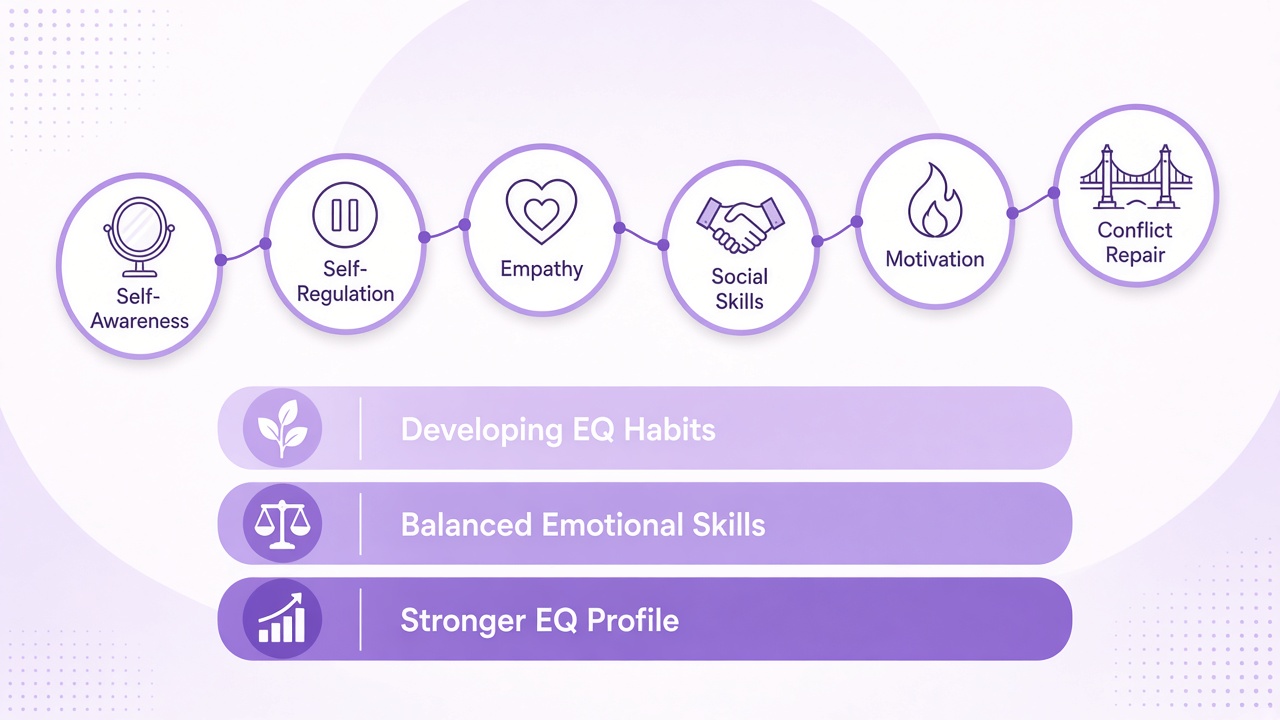 Emotional intelligence diagram with six EQ domains and three result bands in purple