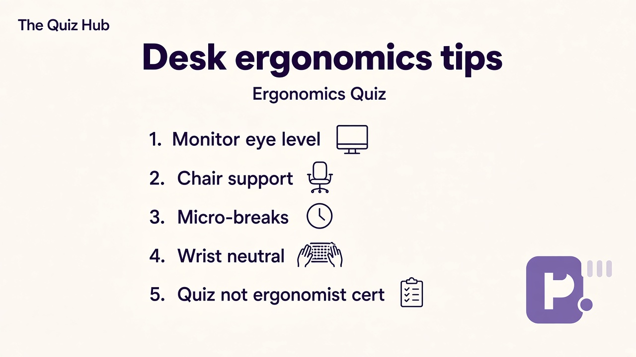 Ergonomics tips: monitor eye level, chair support, micro-breaks, wrist neutral, quiz not ergonomist cert