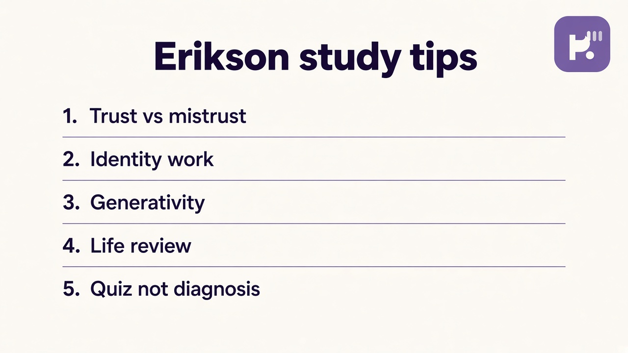 Erikson tips: trust vs mistrust, identity work, generativity, life review, quiz not therapy diagnosis