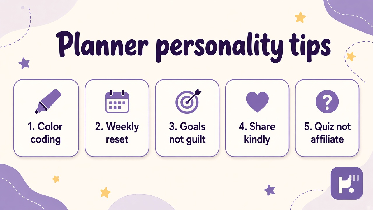 Planner tips: color coding, weekly reset, goals not guilt, share kindly, unofficial not Erin Condren affiliate
