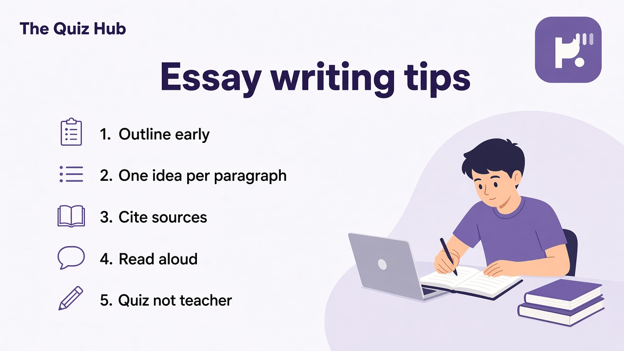 Essay tips: outline early, one idea per paragraph, cite sources, read aloud, quiz not teacher grade