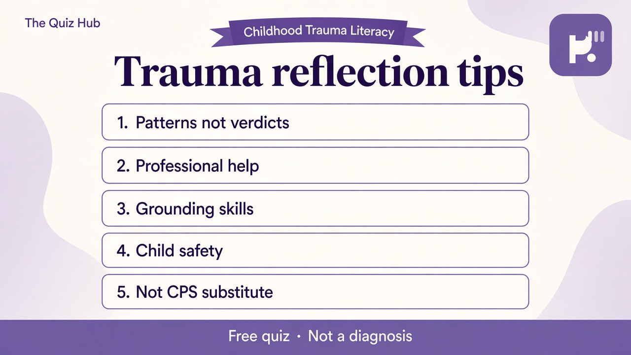 Trauma screener tips: patterns not verdicts, therapist help, grounding skills, 988 crisis, not CPS substitute