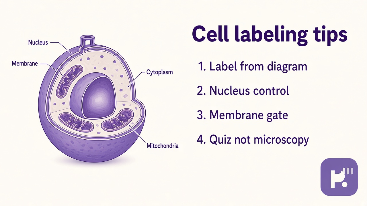 Eukaryotic cell tips: label nucleus, membrane gate, mitochondria oval, ER Golgi paths, quiz not lab cert