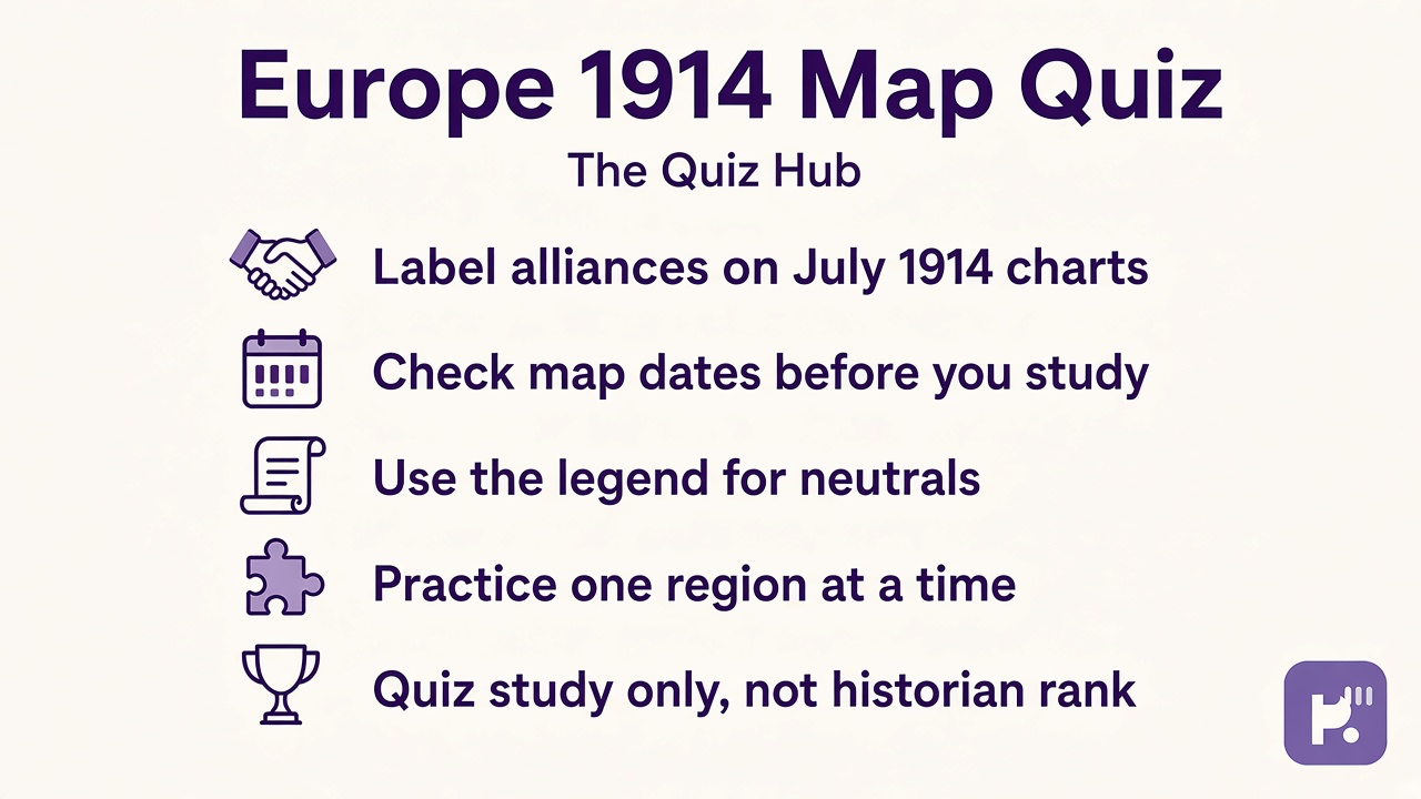 Europe 1914 tips: label alliances, check 1914 dates, read map legend, practice regions, quiz not AP exam