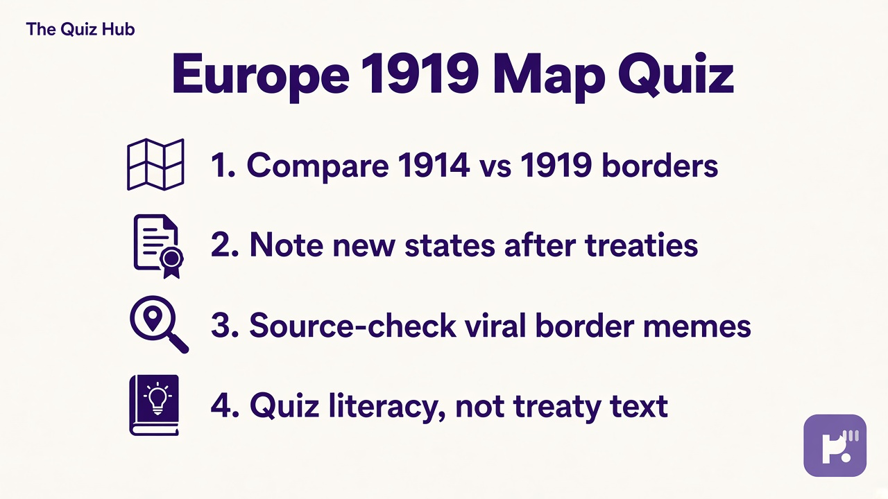 Europe 1919 tips: compare prewar map, note new borders, source treaty facts, quiz not peace conference