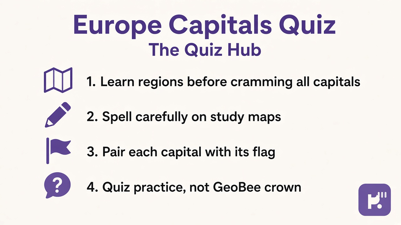 Europe capitals tips: learn by region, spell carefully, pair flag cues, quiz not GeoBee trophy