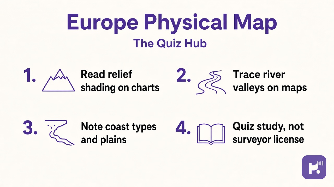 Europe physical map tips: relief shading, river valleys, coast types, blank physical atlas, quiz not surveyor