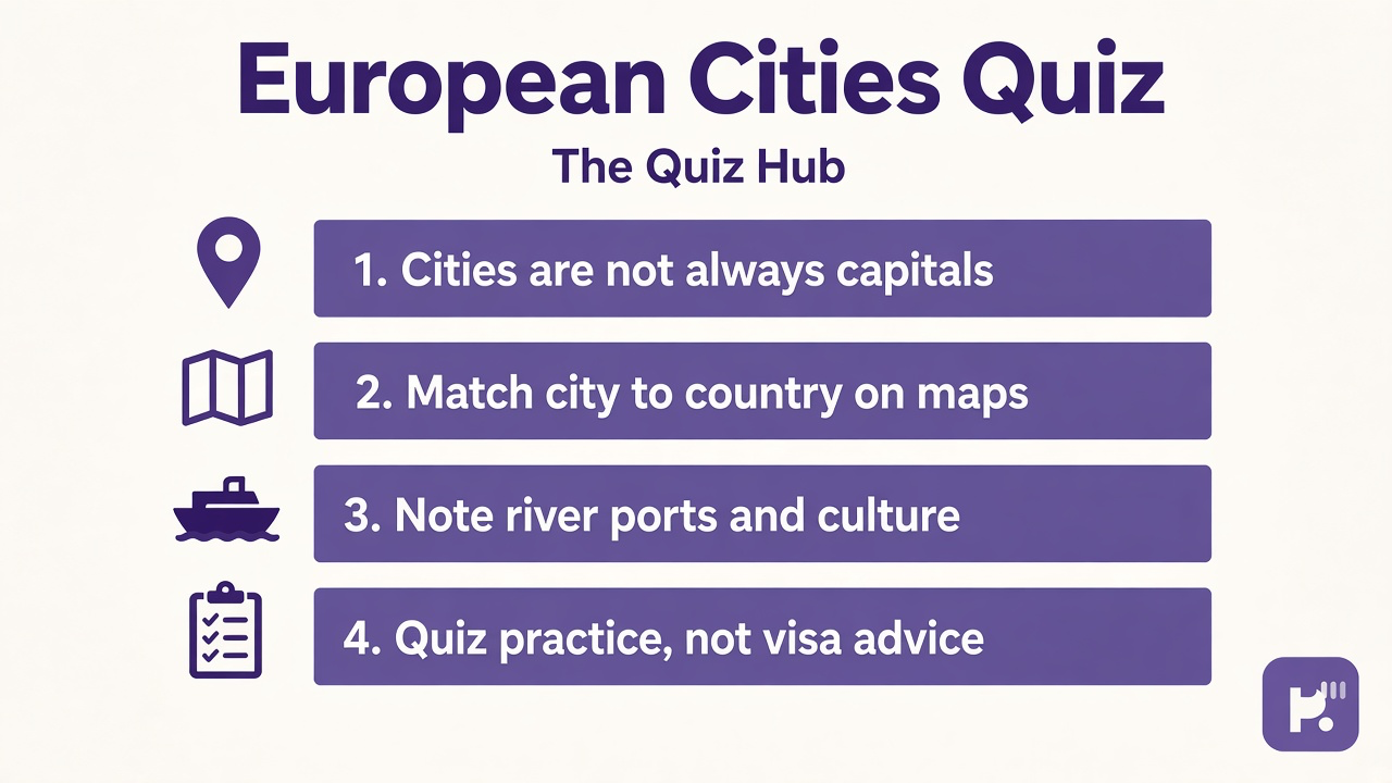 European cities tips: major metros not capitals only, city to country, river ports, respectful travel study, quiz not visa