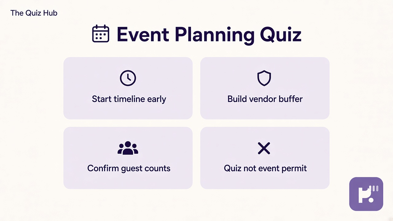 Event planning tips: start timeline early, vendor buffer, confirm headcount, quiz not event permit
