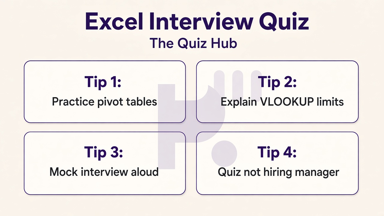 Excel interview tips: clean pivot source, VLOOKUP limits, explain formulas aloud, quiz not job offer