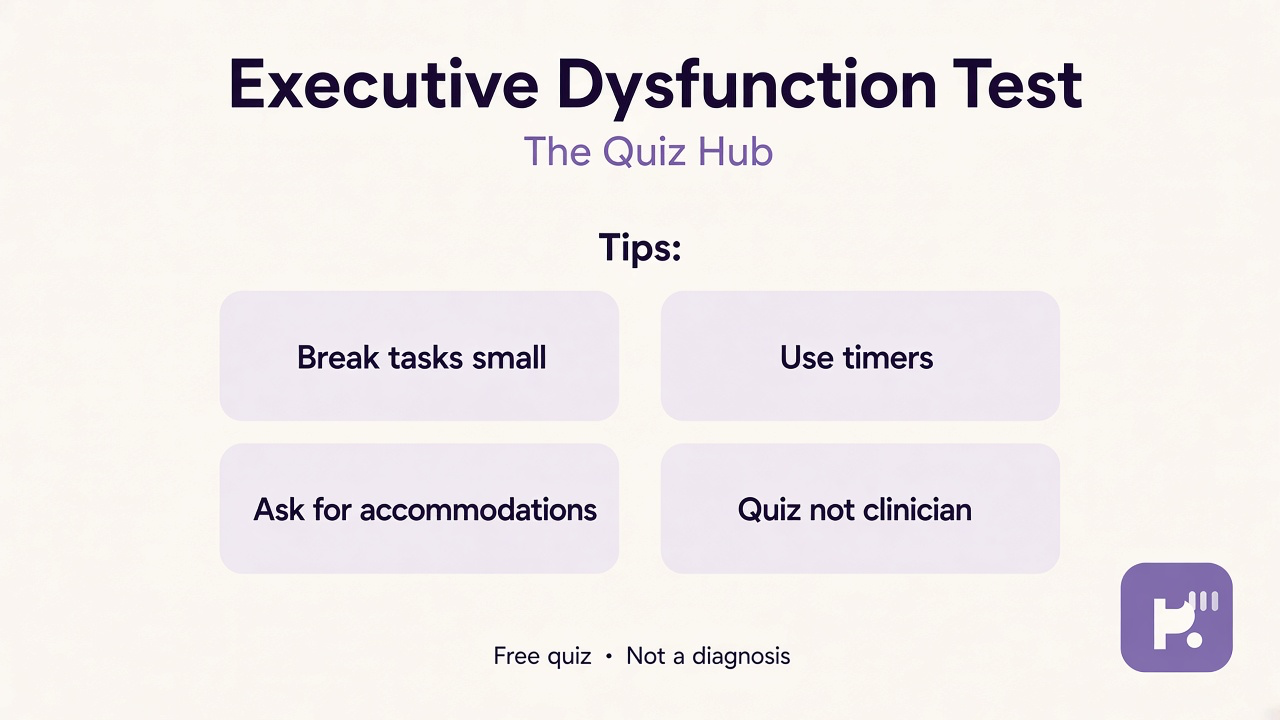 Executive dysfunction tips: break tasks small, use timers, ask accommodations, quiz not clinician, 988 crisis