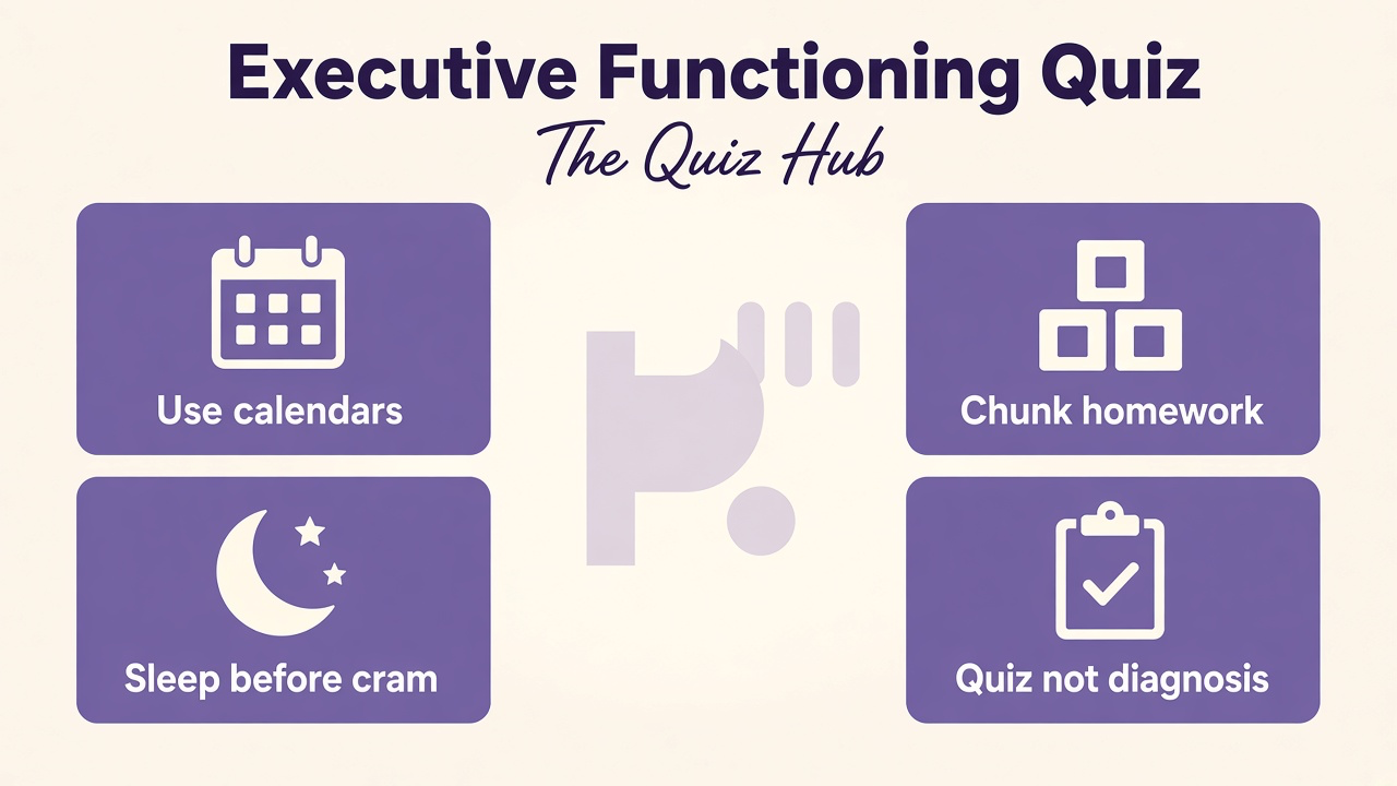 Executive functioning study tips: use calendars, chunk homework, tame distractions, sleep before cram, quiz not diagnosis
