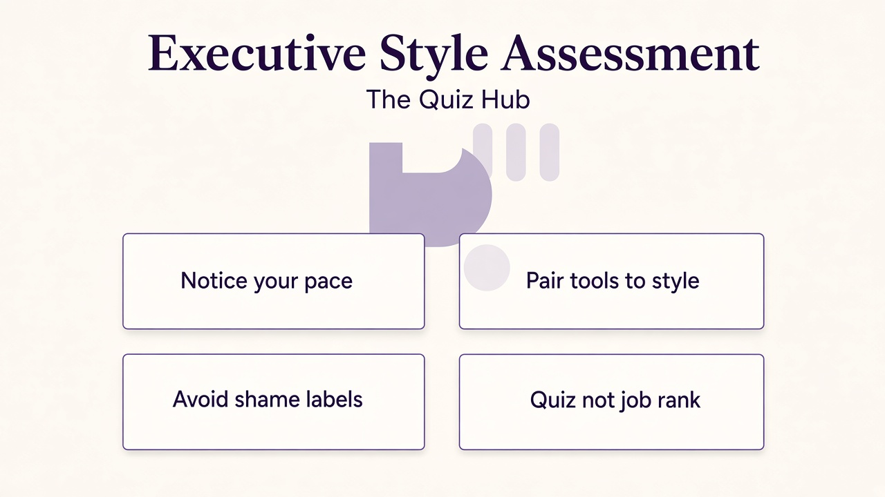 Executive style tips: notice your pace, match tools to style, avoid shame labels, pair detail with vision, quiz not job rank