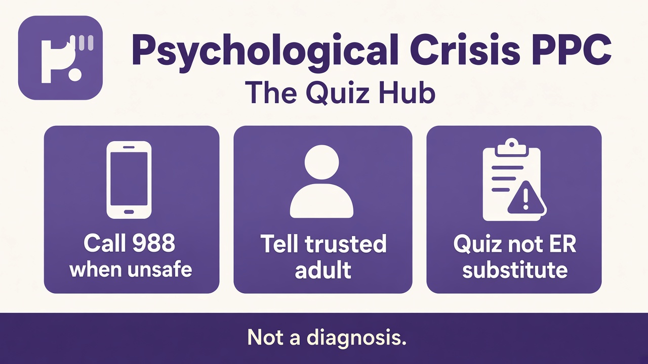 Crisis safety tips: call 988 when unsafe, tell trusted adult, quiz not ER substitute
