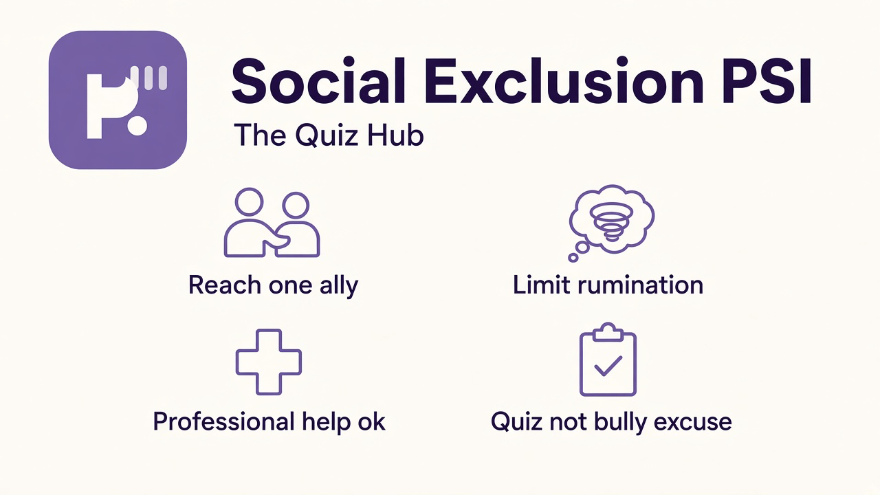 Social exclusion tips: reach one ally; limit rumination; professional help ok; quiz not bully excuse